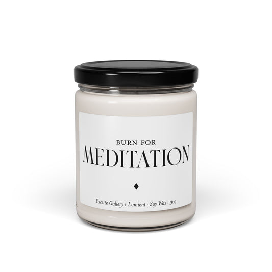 Meditation candle in clear glass jar with black lid, white soy wax, and minimalist black text label on front