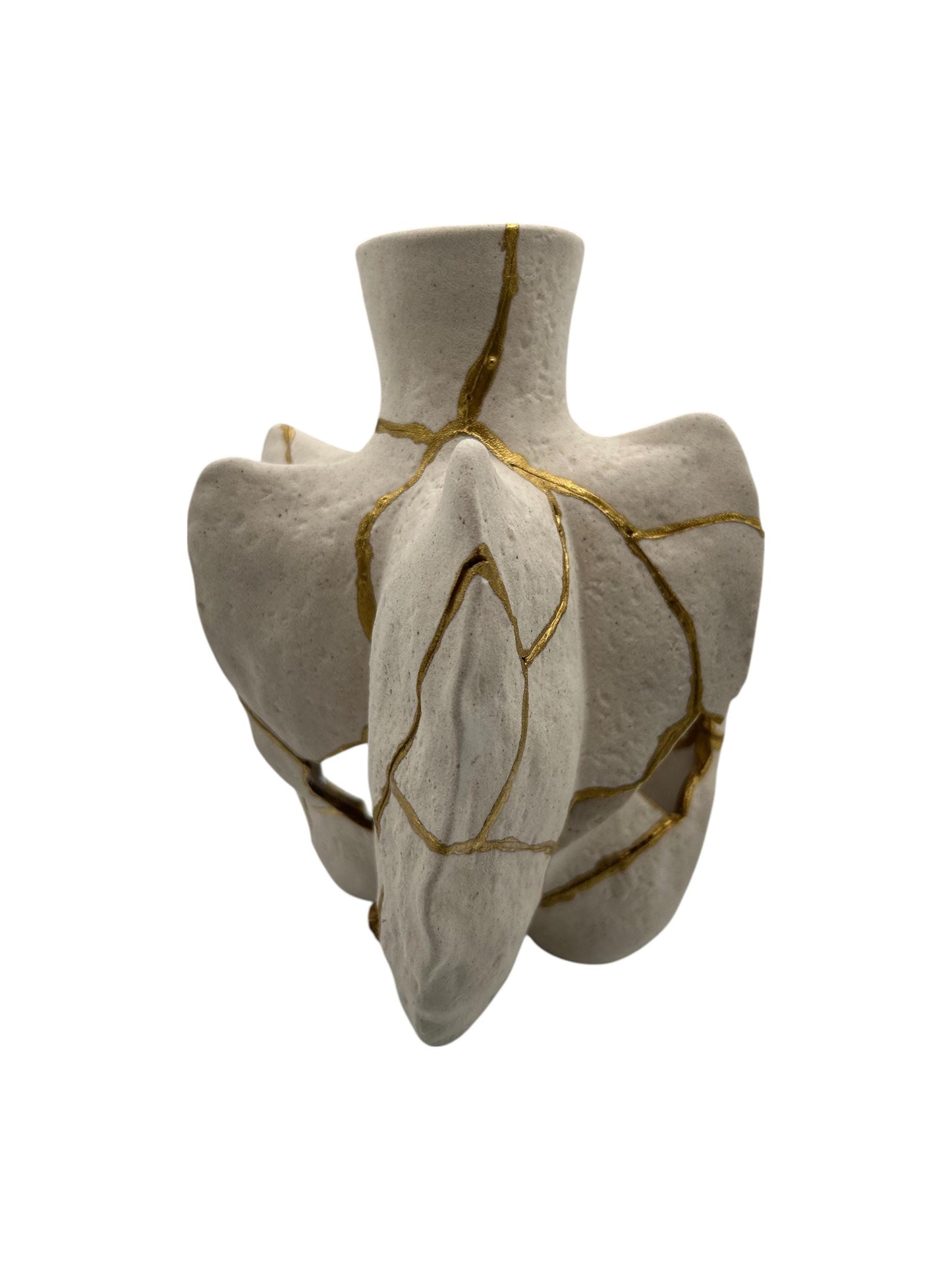 Modern Kintsugi fossil vase with hand-painted gold repair lines on textured ivory ceramic, irregular Japandi pottery design.
