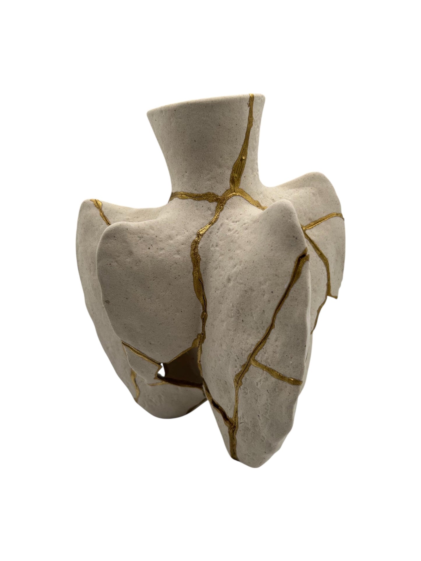 Modern Kintsugi fossil vase with hand-painted gold repair lines on irregular cracked ivory ceramic surface.