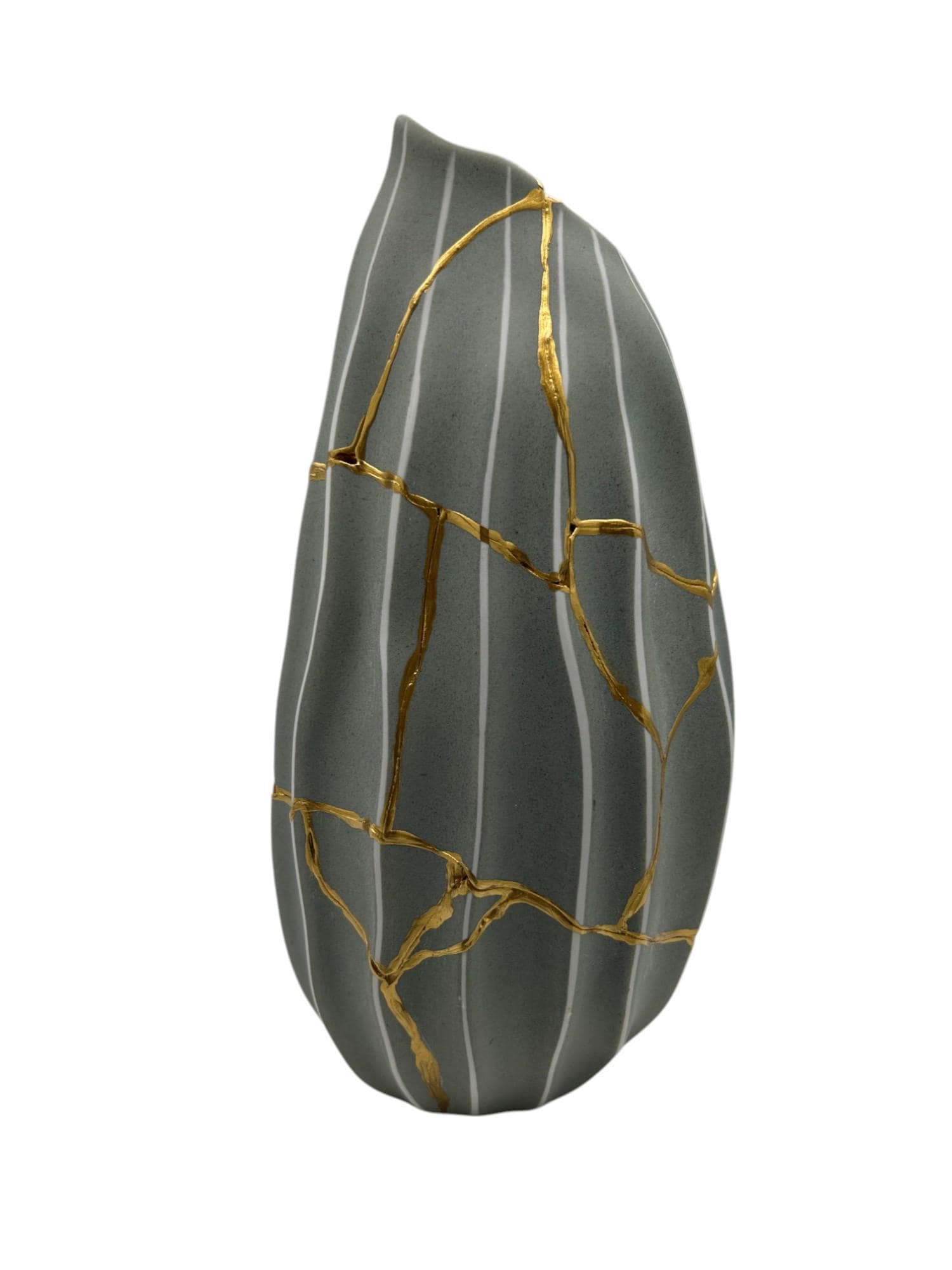 Modern gray melon-shaped Kintsugi vase with hand-painted gold repair lines and subtle vertical white stripes on white background