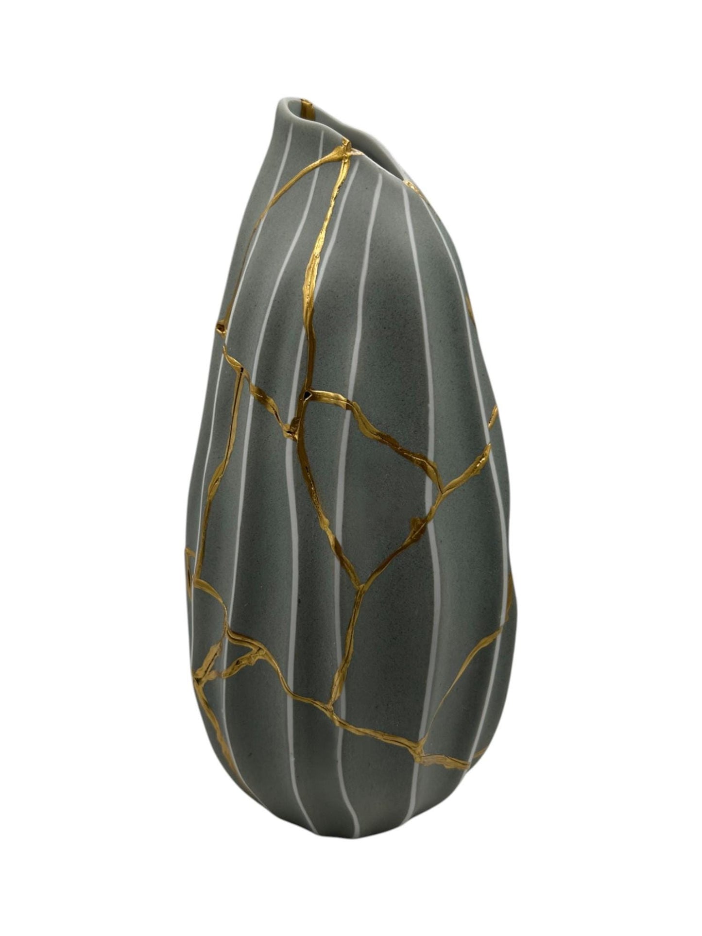 Modern Kintsugi Melon Vase with hand-painted gold repairs and vertical white stripes on green ceramic pottery