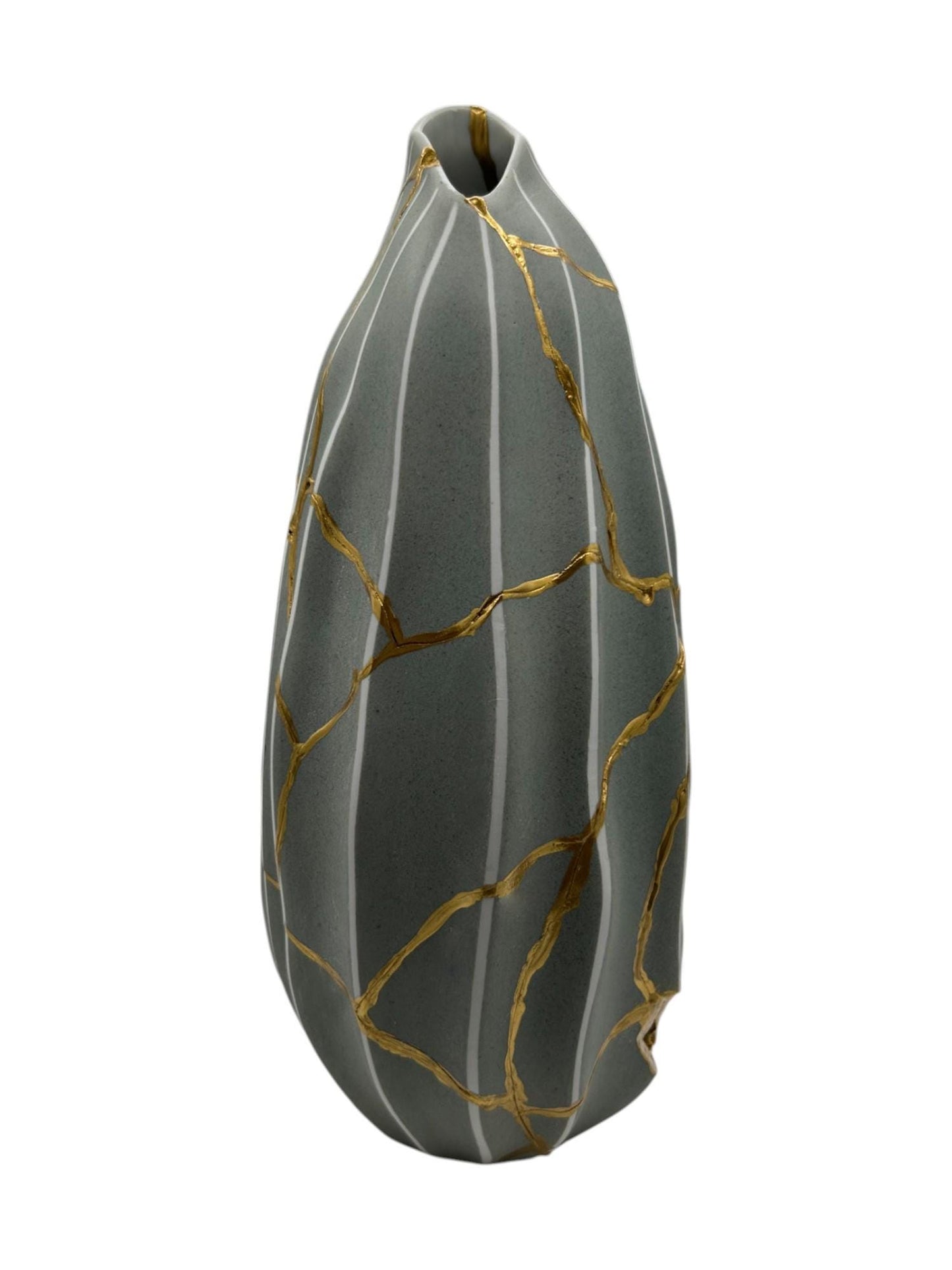 Modern gray melon-shaped ceramic vase with hand-painted gold kintsugi repair lines on white background.