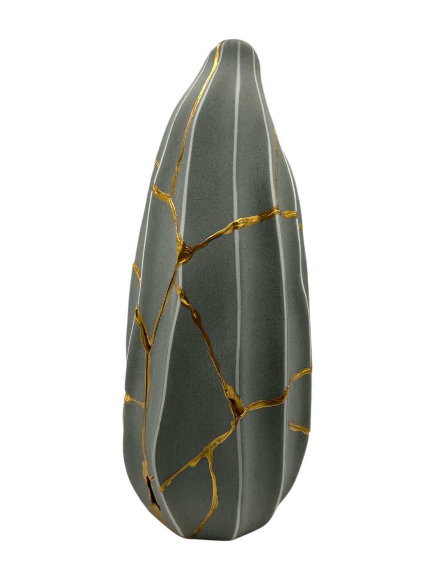 Modern gray melon-shaped vase with hand-painted gold kintsugi repairs and subtle vertical white stripes on white background