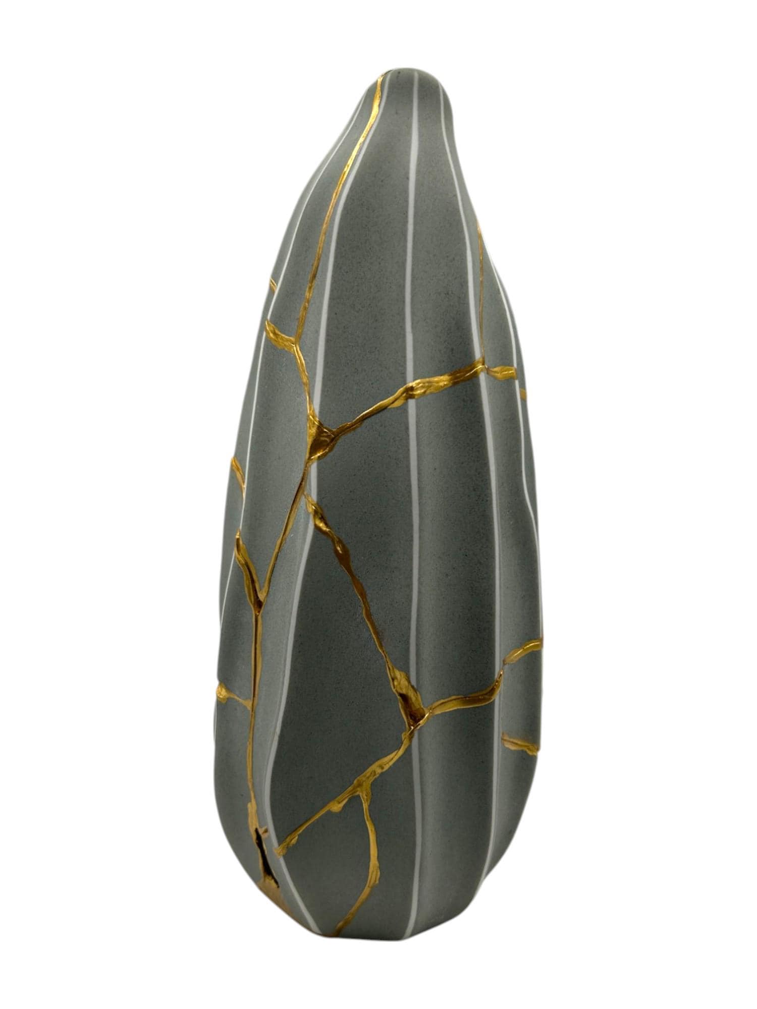 Modern gray melon-shaped vase with hand-painted gold kintsugi repairs and subtle vertical white stripes on white background