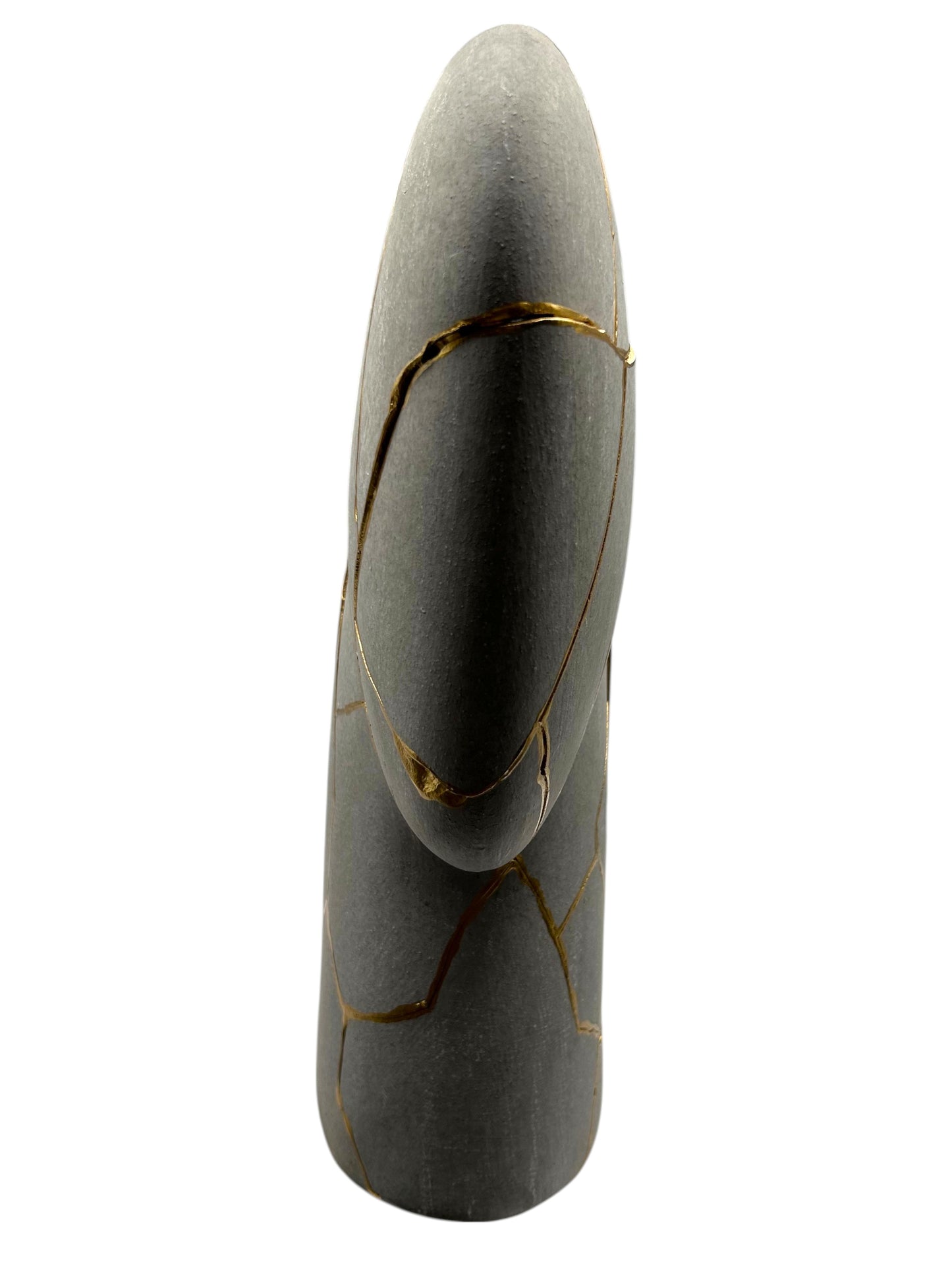 Modern gray Kintsugi Novak vase with gold hand-painted cracks, measuring 15.5in tall and 16in wide on white background.