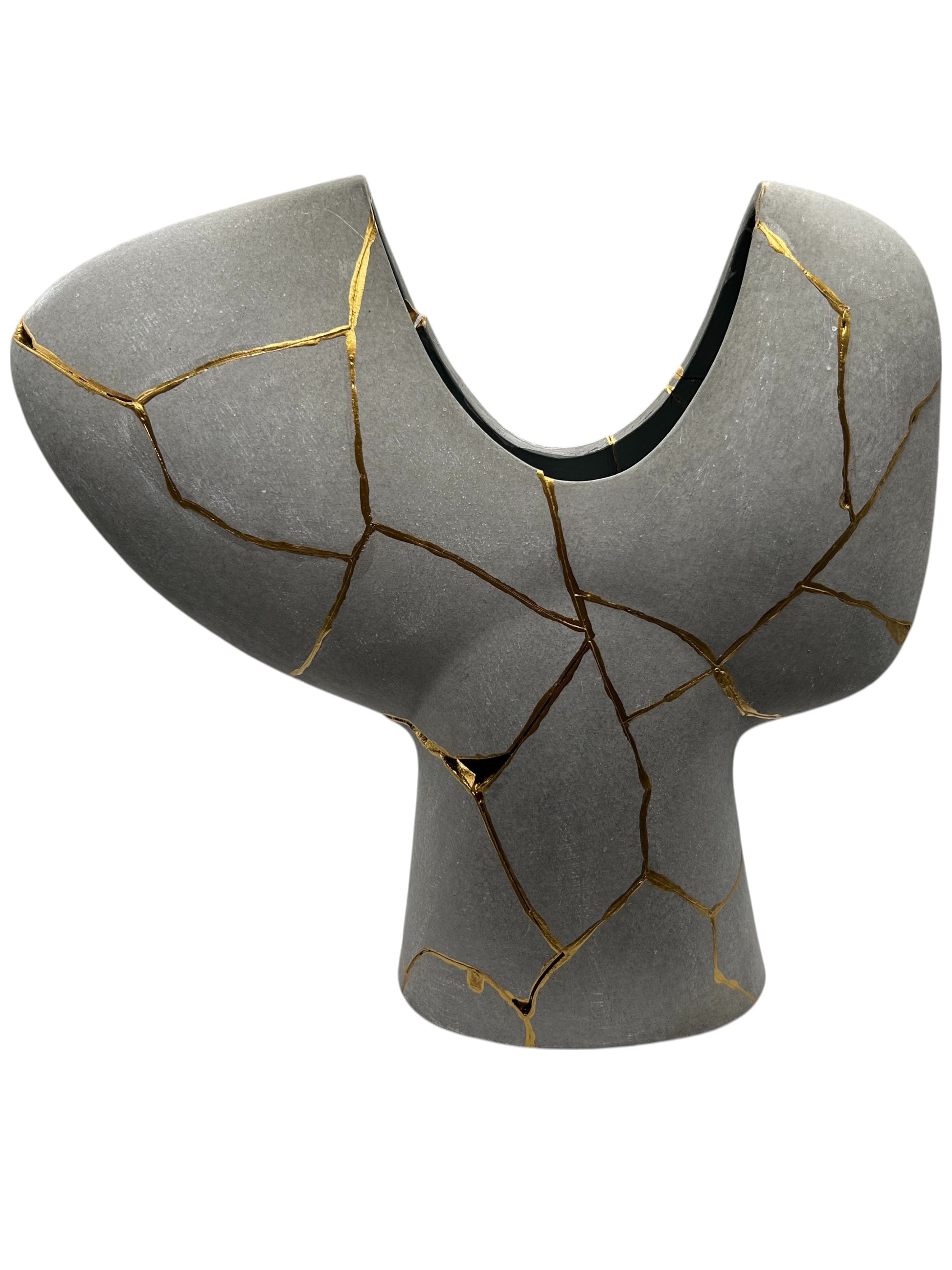 Modern dark gray Novak vase with hand-painted gold kintsugi cracks, sculptural form, 15.5in height, decorative pottery piece.