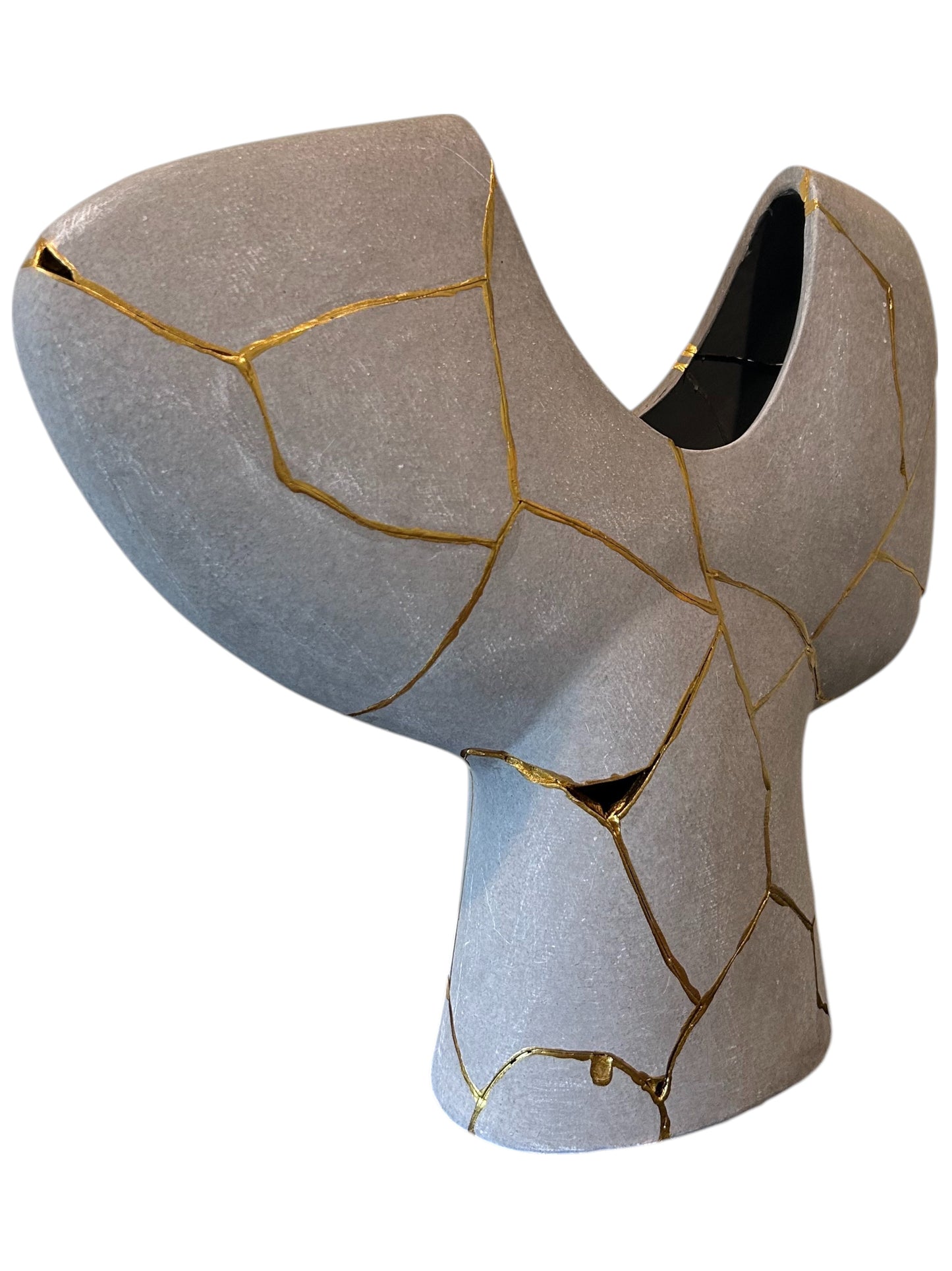 Modern gray kintsugi Novak vase with irregular shape, hand-painted gold repair lines, 15.5in tall decorative pottery piece