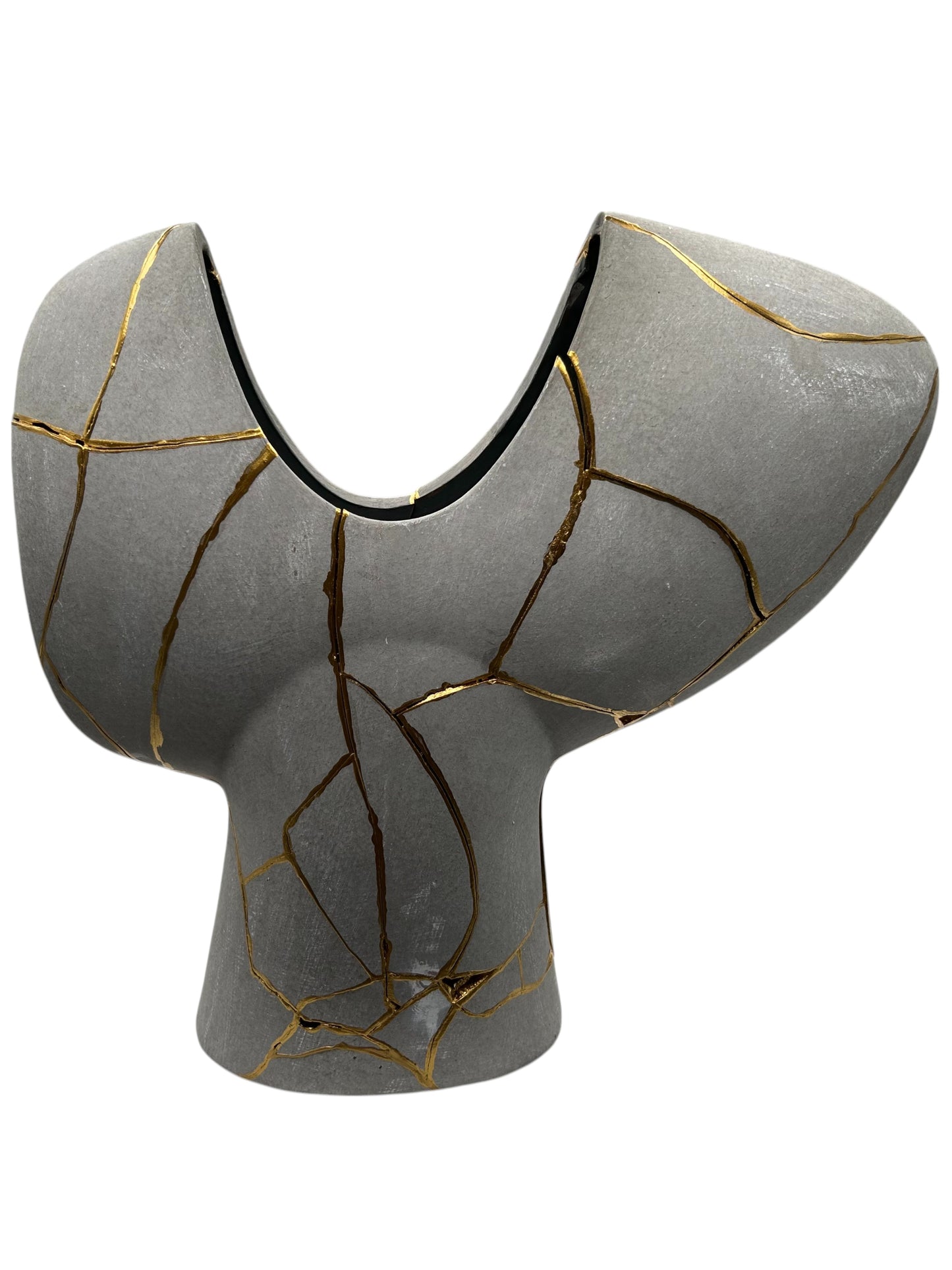 Modern gray Kintsugi Novak vase with hand-painted gold repairs and abstract sculptural shape, 15.5in tall by 16in wide.