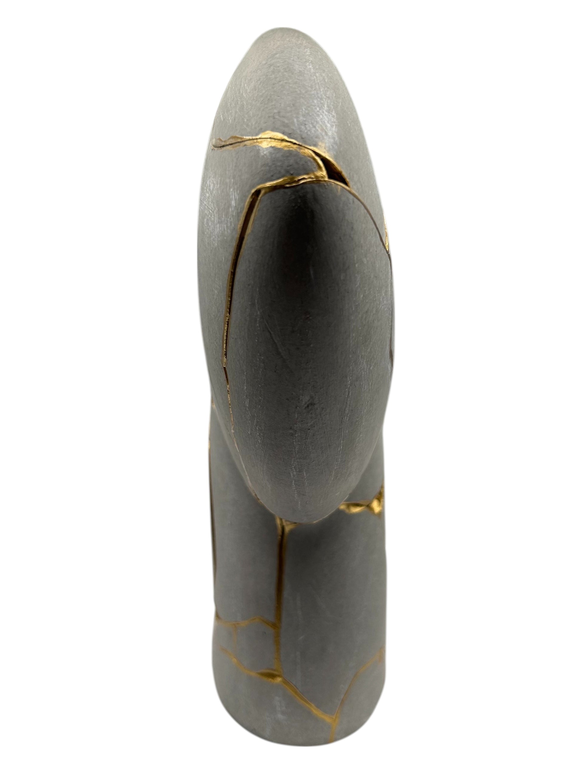 Tall modern gray kintsugi vase with gold repaired cracks, hand painted Japanese pottery, 15.5in height on white background.