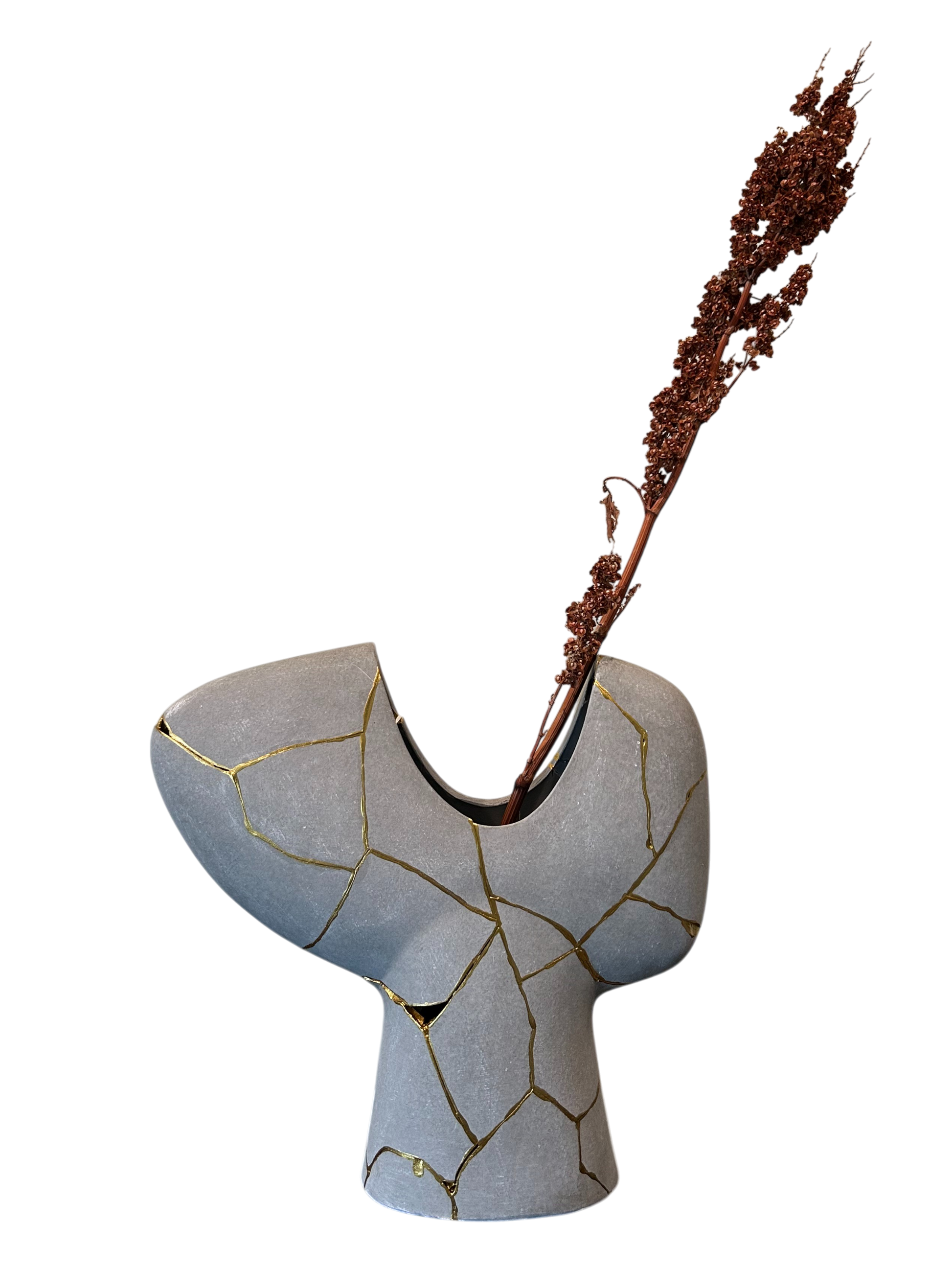 Modern Kintsugi Novak vase in gray with hand-painted gold repair lines and dried floral arrangement on white background.