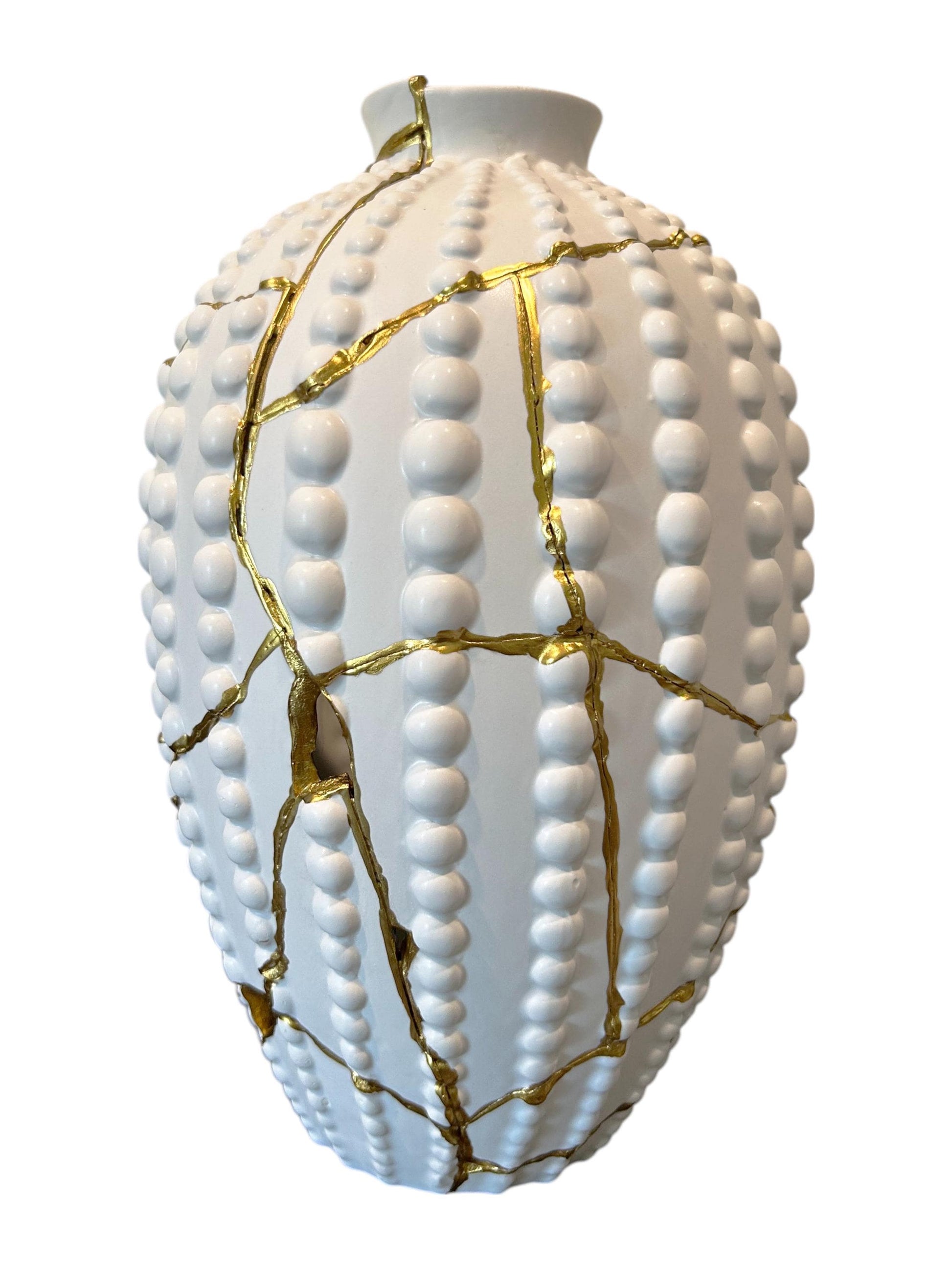 White sea urchin vase with raised dots and hand-painted gold kintsugi repair cracks, 12.5in tall Japanese pottery decor.