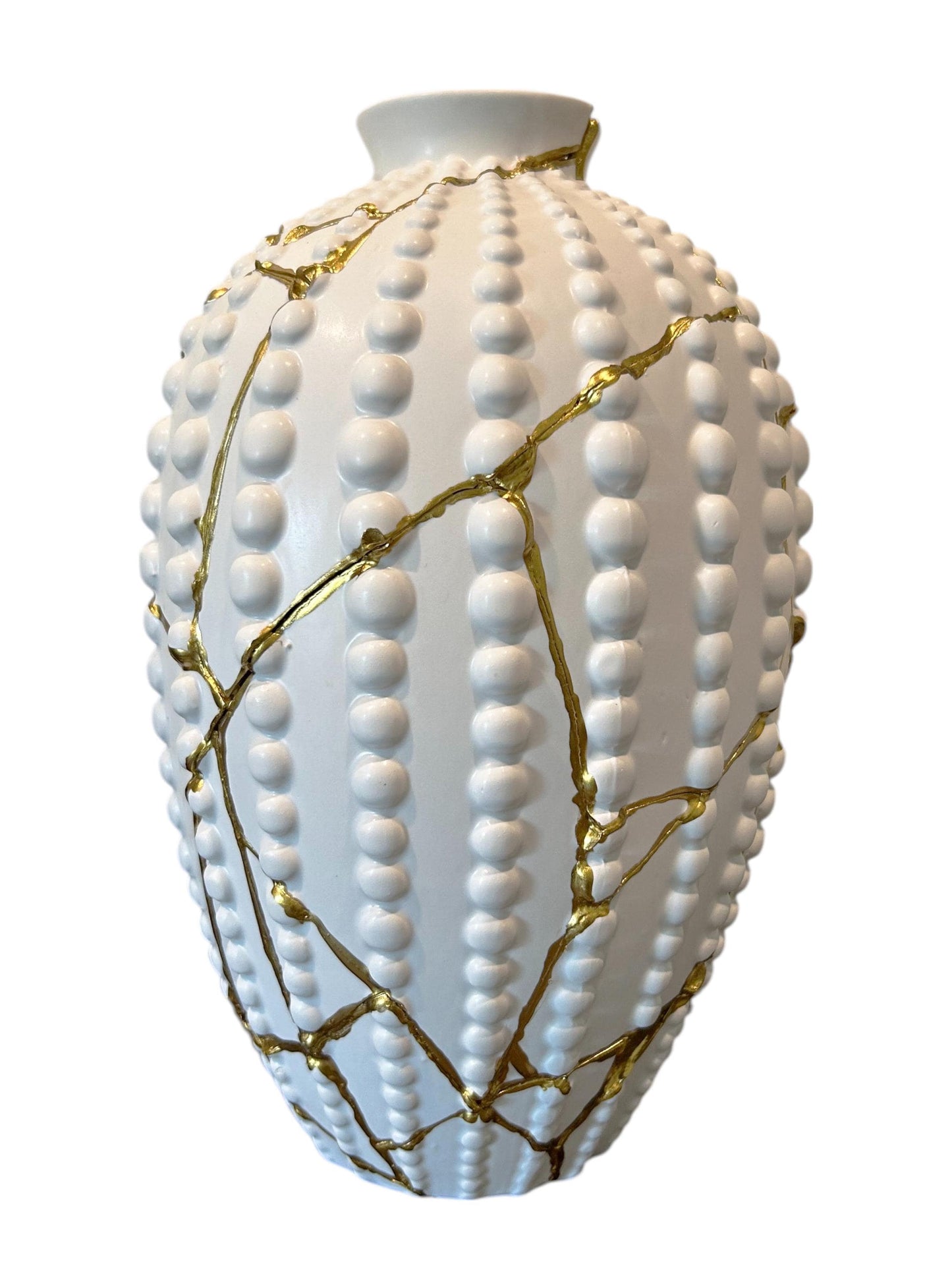 White ceramic sea urchin vase with raised dots and gold kintsugi repairs, 12.5 inches tall, Japanese pottery style.