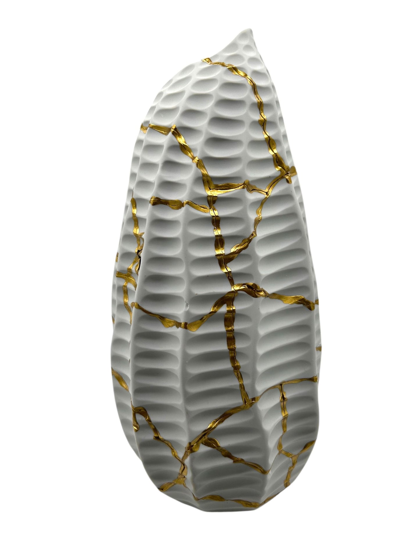 White ceramic Modern Kintsugi Seahorse Vase with hand-painted gold repairs, textured surface, 12in height on white background