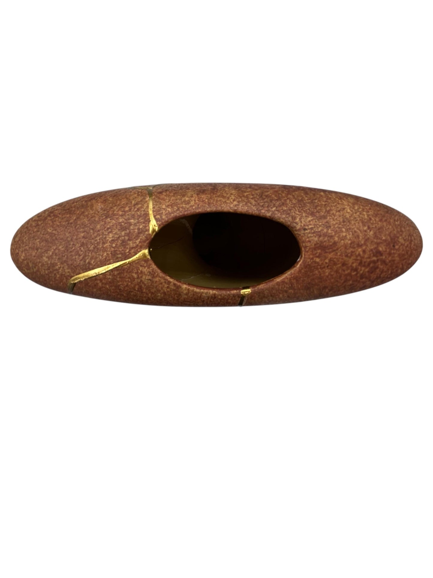 Top view of a handcrafted brown kintsugi vase with visible gold repairs and an oval opening, Japandi style decor piece.
