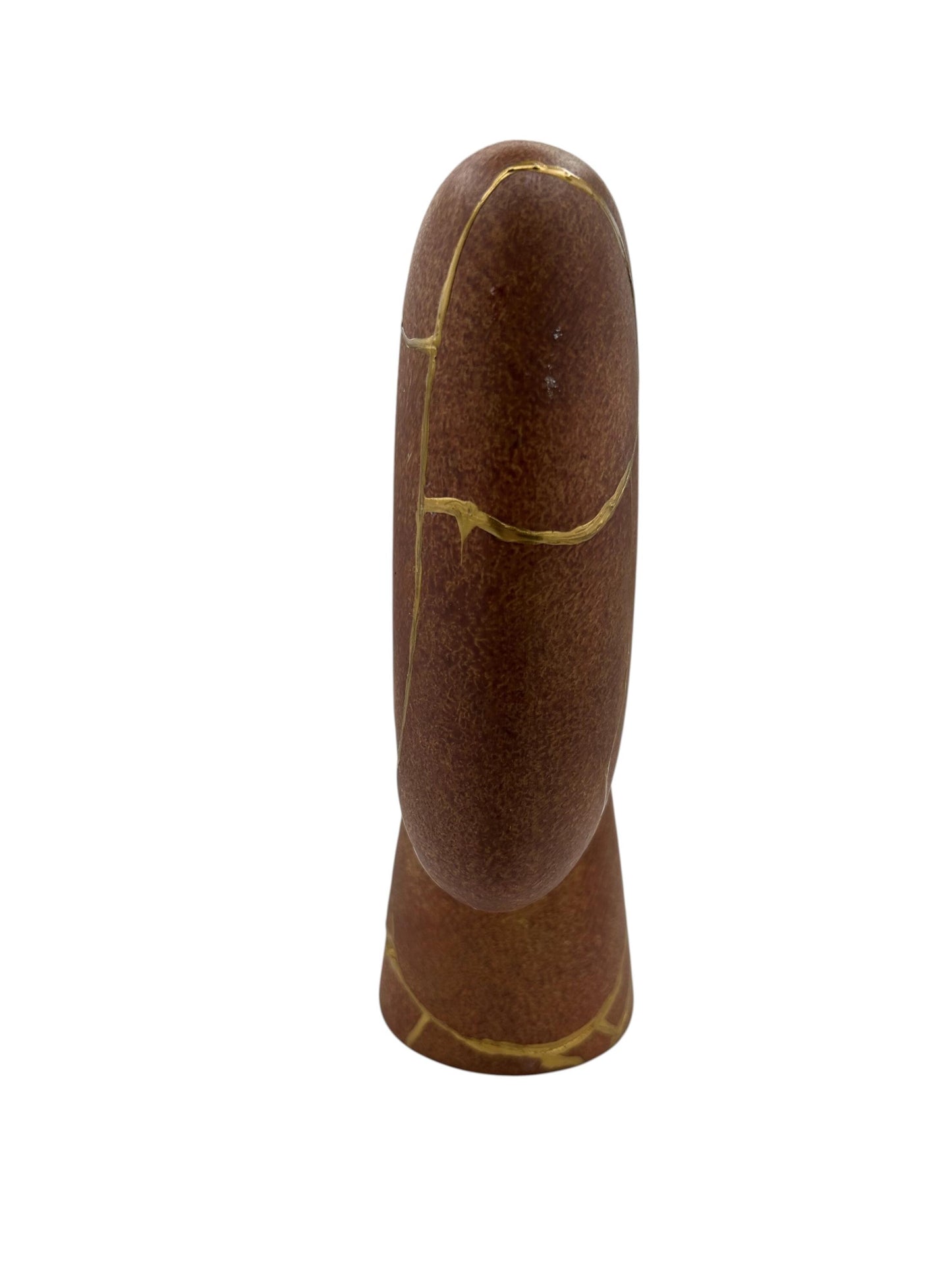 Modern brown kintsugi tribal vase with hand-painted gold repairs, 10in tall, minimalist Japanese pottery decor piece.