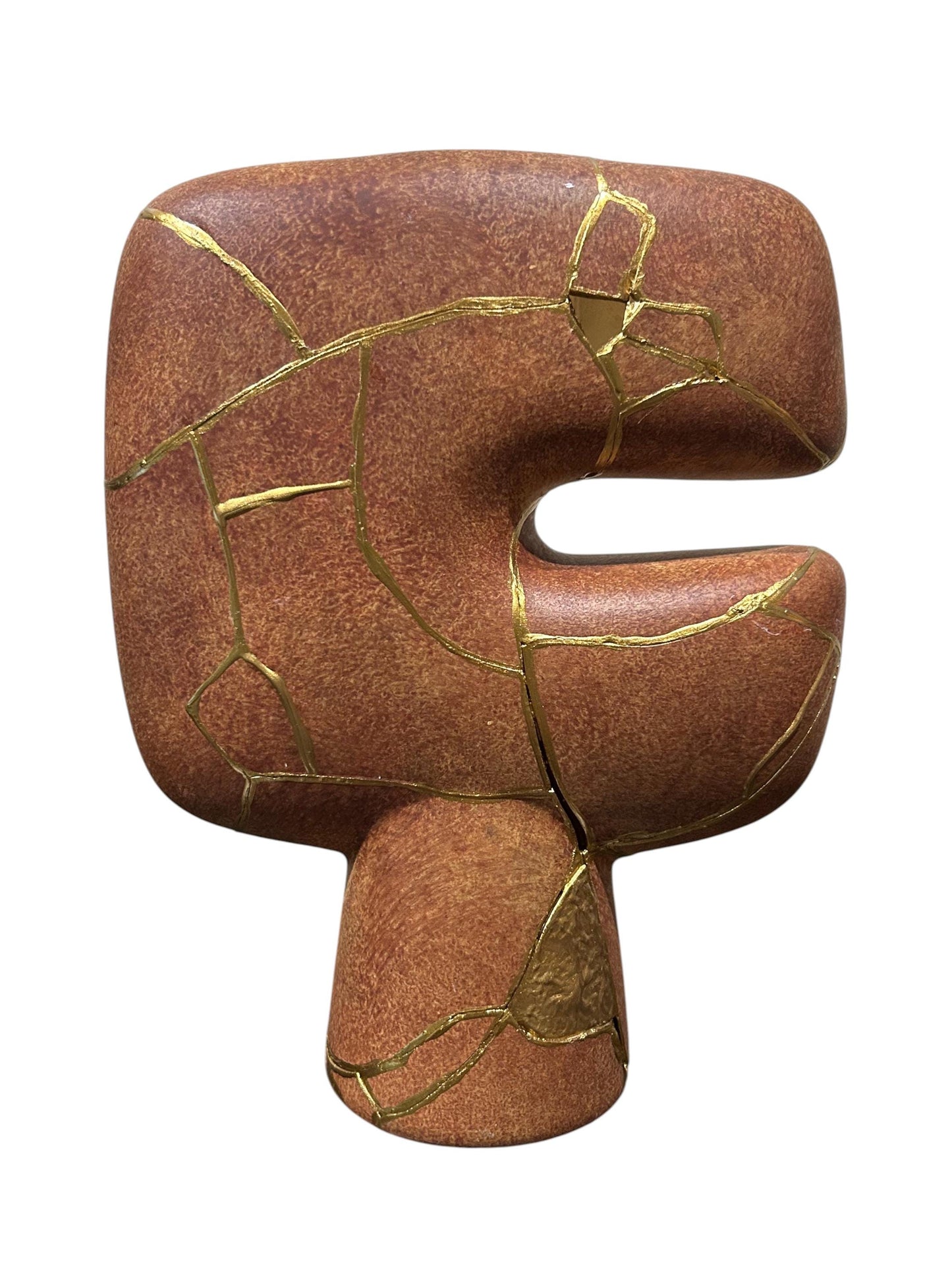 Modern brown kintsugi tribal vase with gold hand-painted repair lines, abstract shape, 10in tall Japanese pottery decor piece