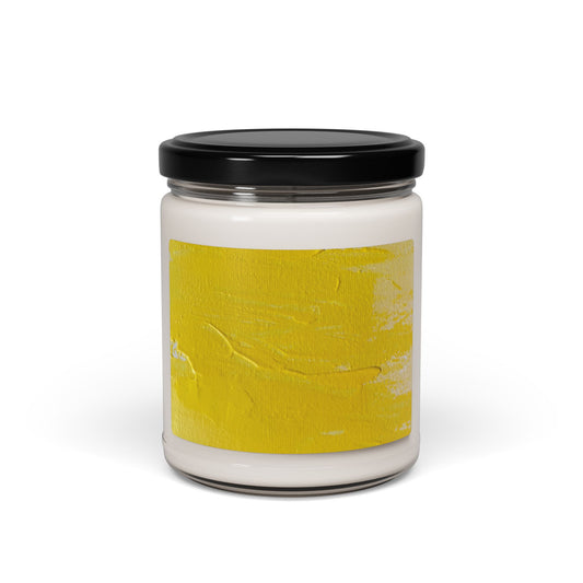 9oz soy candle in clear glass jar with black lid and yellow abstract painting label by Diana Miller