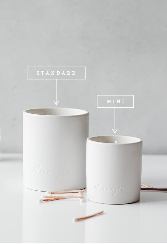 Two white ceramic candles labeled Standard and Mini sizes on a white surface with scattered matches