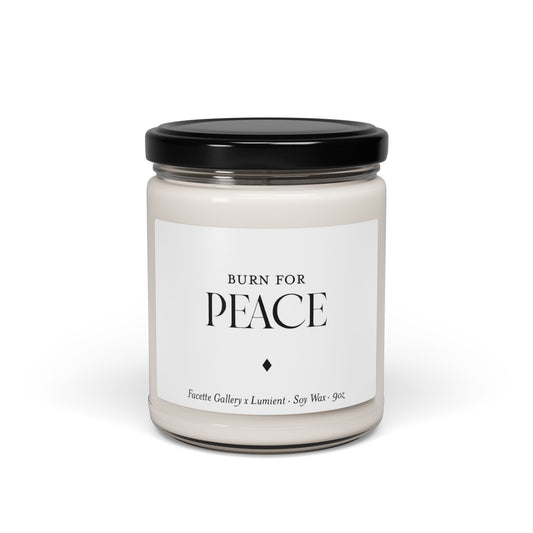 9oz soy wax candle in clear glass jar with black lid, labeled "Burn for Peace," minimalist design on white background