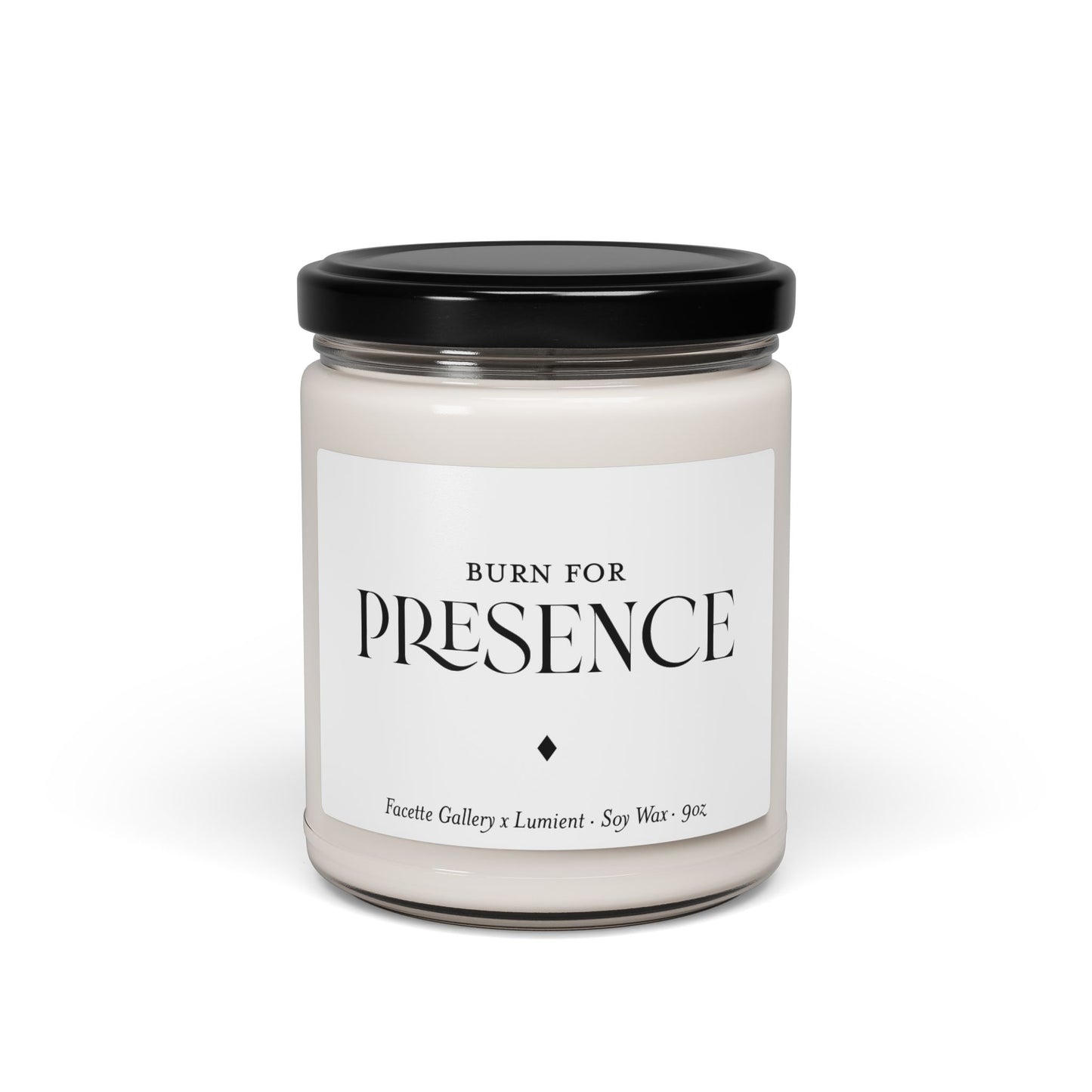 Presence candle in clear glass jar with black lid and minimalist white label, 9oz soy wax for meditation and relaxation