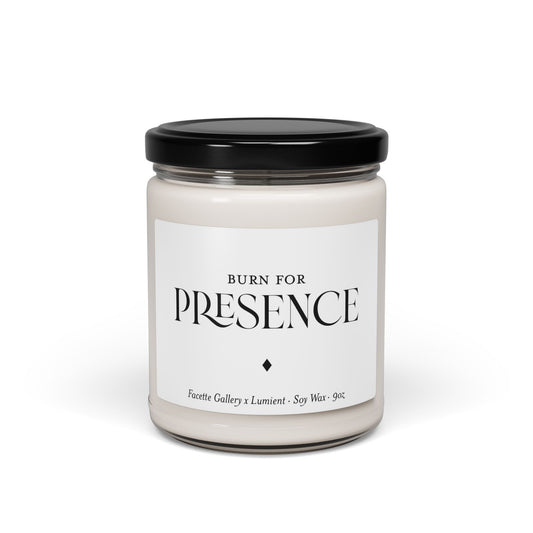 Presence candle in clear glass jar with black lid and minimalist white label, 9oz soy wax for meditation and relaxation
