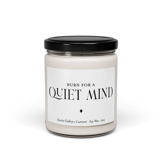 9oz white soy wax candle in clear glass jar with black lid and Quiet Mind label on white background