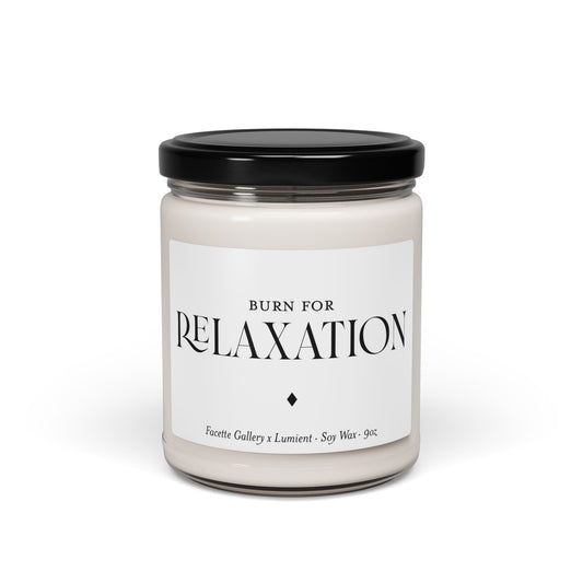 9oz white soy wax relaxation candle in clear glass jar with black lid and minimalist white label design