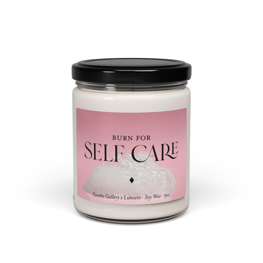 9oz self care candle in clear glass jar with black lid and pink bubble bath label, soy wax blend