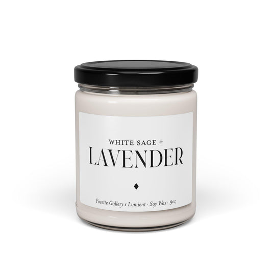 White Sage and Lavender scented soy wax candle in clear glass jar with black lid and minimalist white label, 9oz capacity