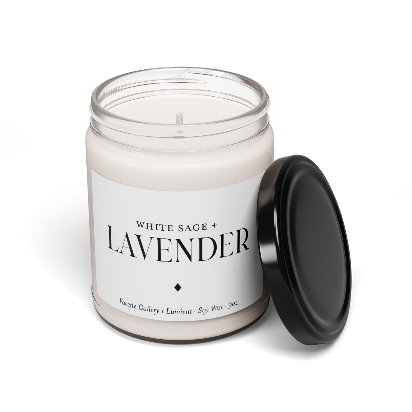 White Sage and Lavender scented soy candle in clear glass jar with black lid, 9oz, minimalist design on white background