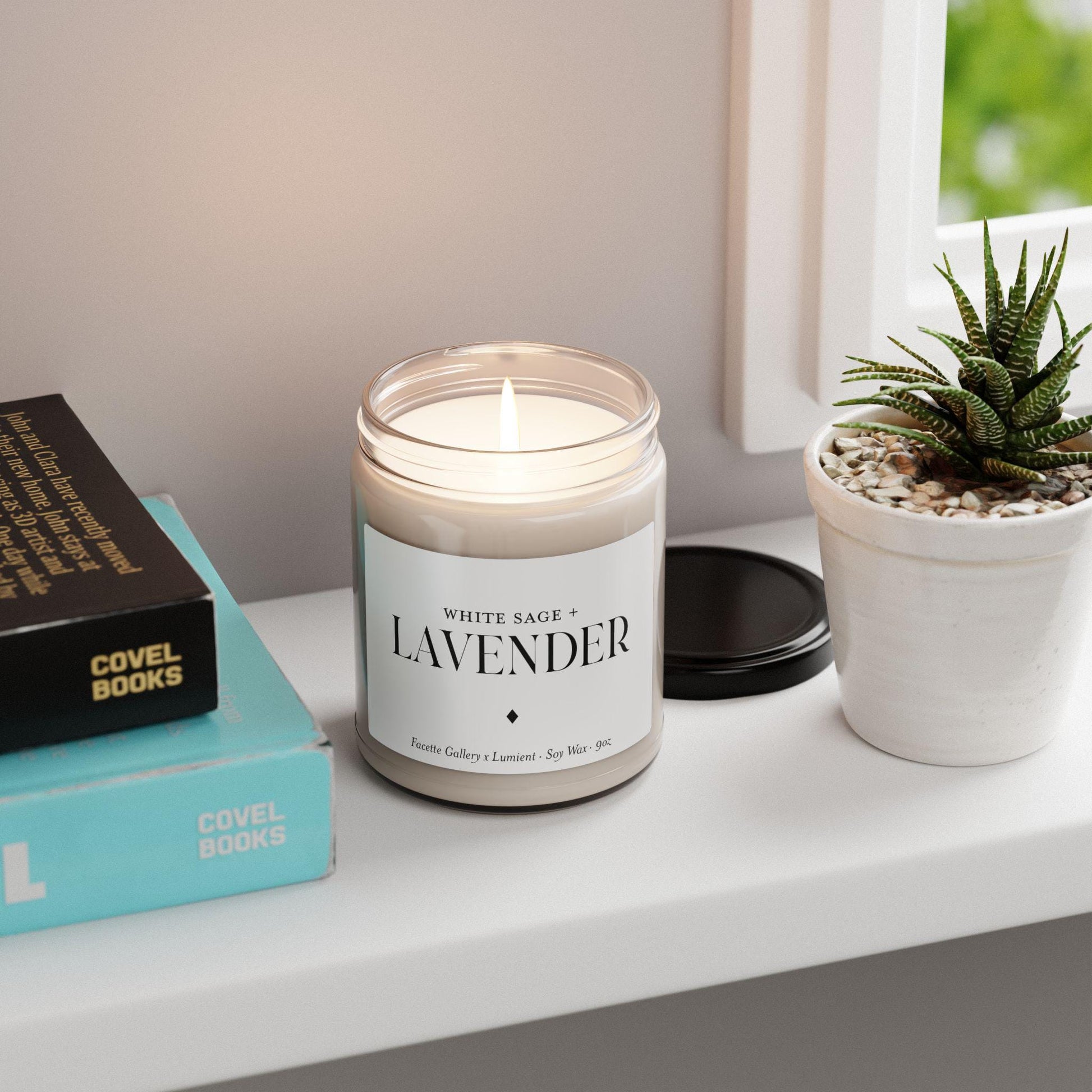 Lit white sage and lavender scented candle in clear glass jar on white windowsill next to books and small potted succulent