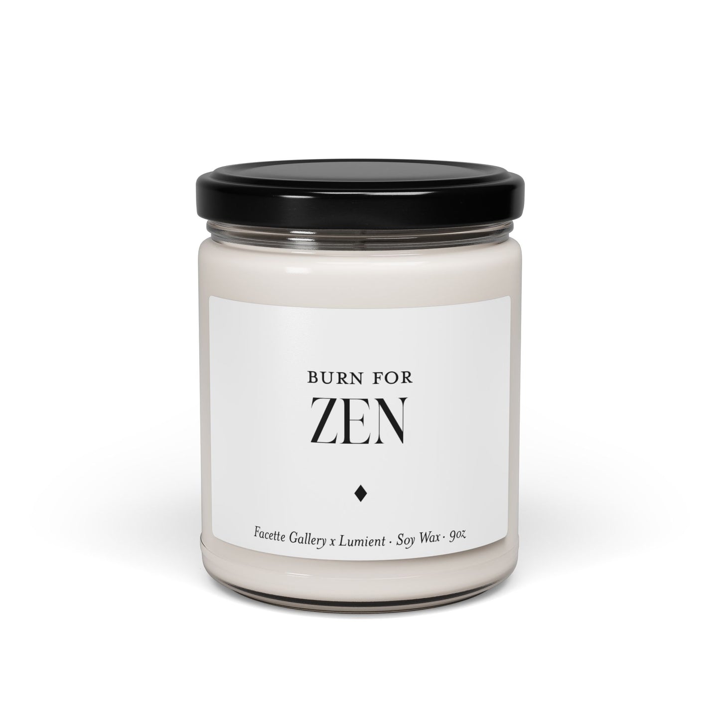 9oz white soy candle in clear glass jar with black lid and minimalist "Burn For Zen" label design