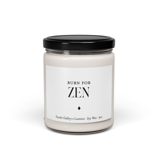 9oz white soy candle in clear glass jar with black lid and minimalist "Burn For Zen" label design