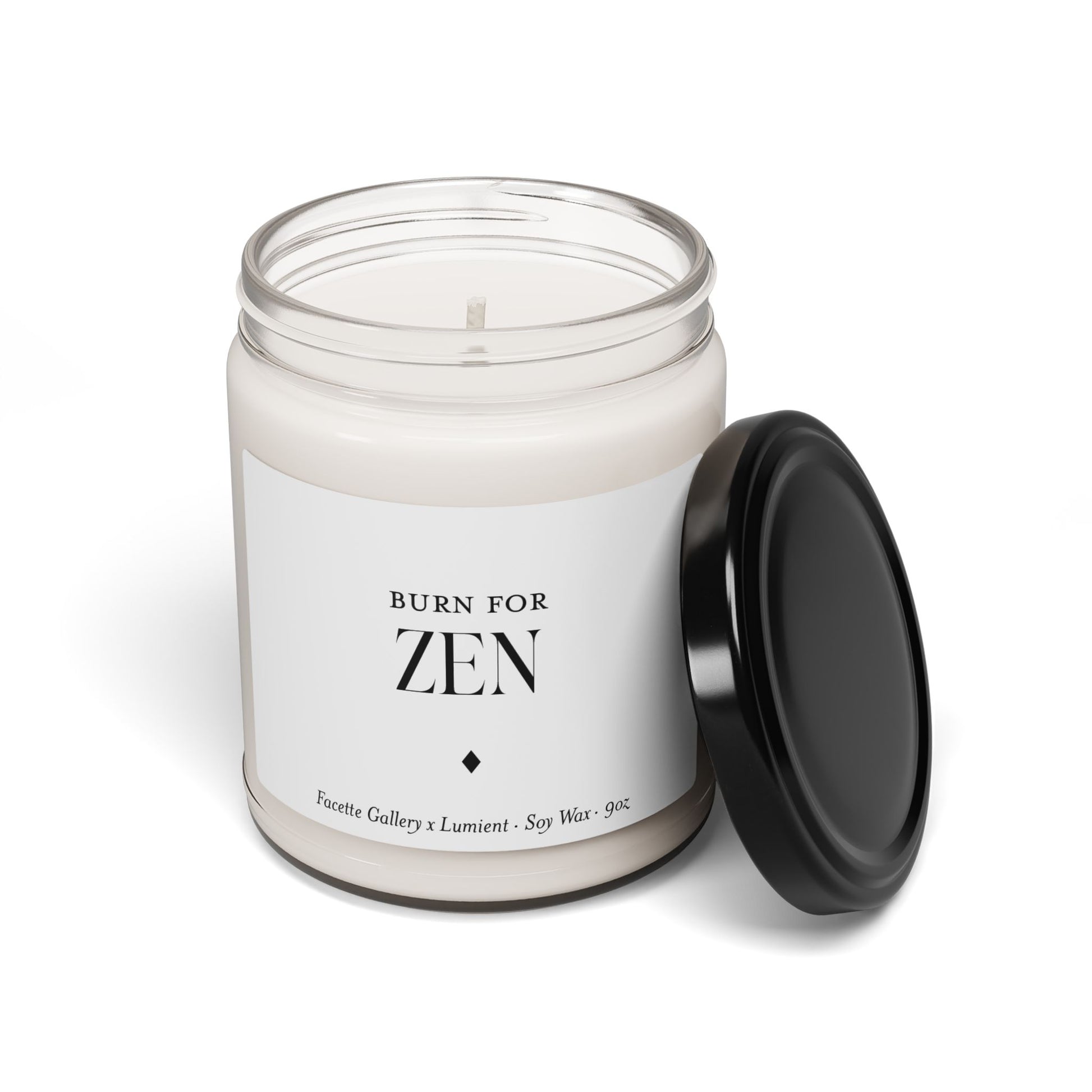 9oz clear glass jar soy candle with black lid, white wax, labeled "Burn for Zen," minimalist design on white background