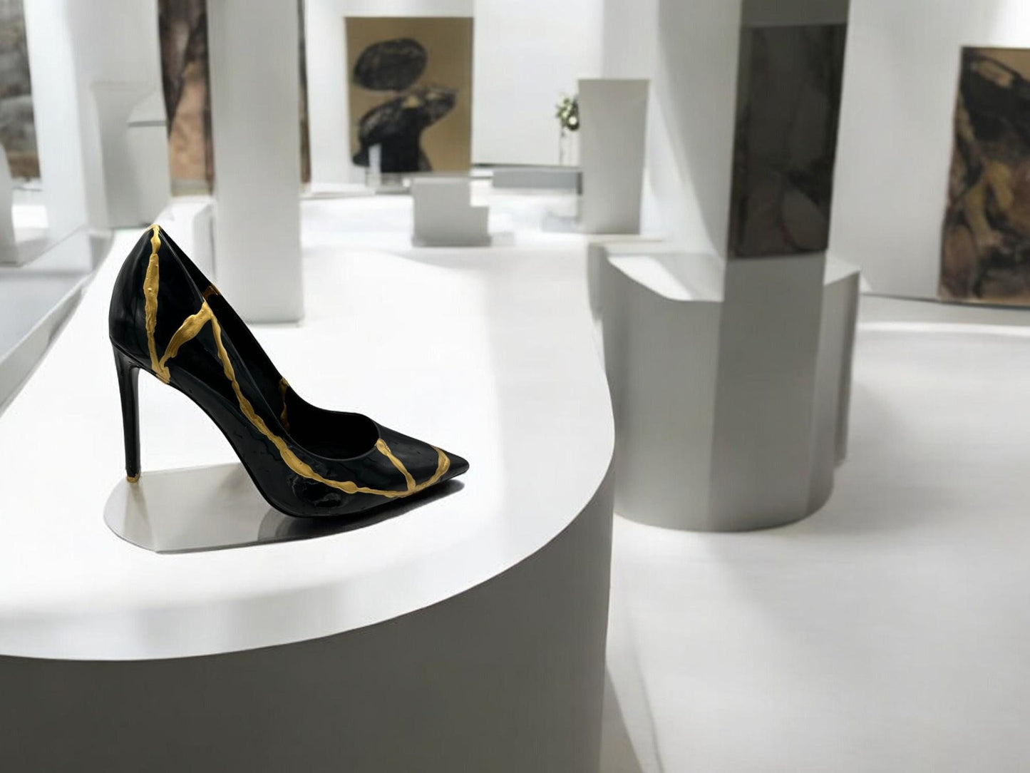 Black Patent Pump Kintsugi Style Conceptual + Fine Art/Sculpture/Found Object - Modern/Fashionista - 2024 by Facette Gallery - Gold Paint
