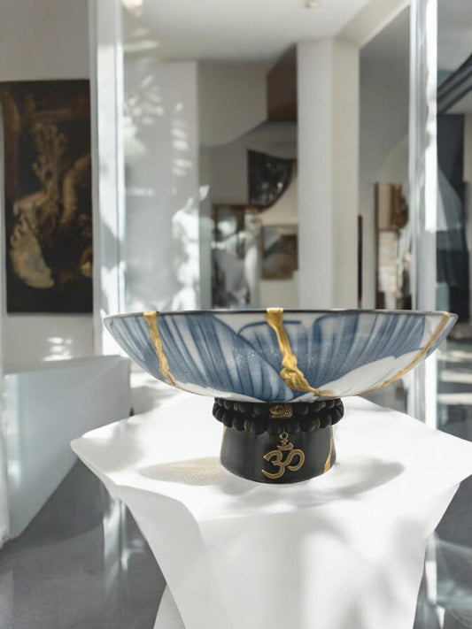 buy online luxury, handmade, one of a kind, modern kintsugi japanese pottery art gift small pedestal bowl with Om charm accent on base and gold paint over break lines for sale