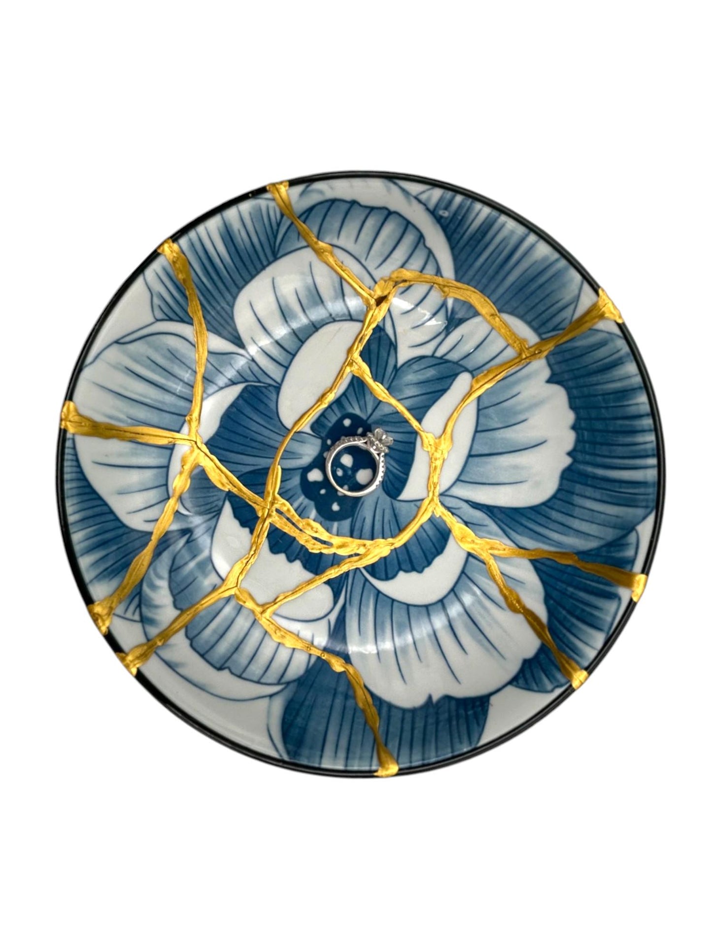 buy online luxury, handmade, one of a kind, modern kintsugi japanese pottery art gift small pedestal bowl with Om charm accent on base and gold paint over break lines for sale