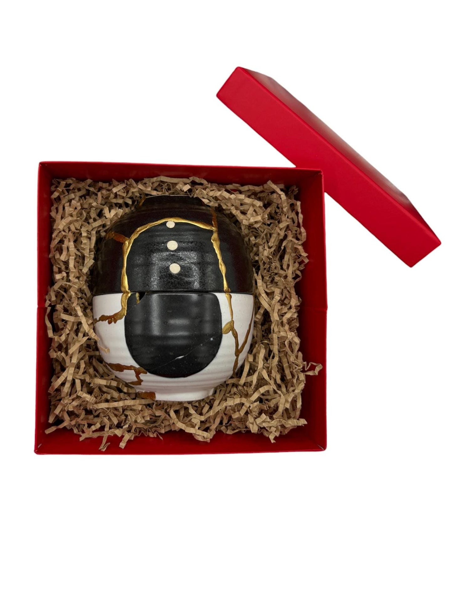 SALE Yin Yang Kintsugi Double Bowl Egg Sculpture - Reversible - Gift Box - Broken + Repaired Japanese Pottery - Hand Painted Gold (H)5.5in (W)4in