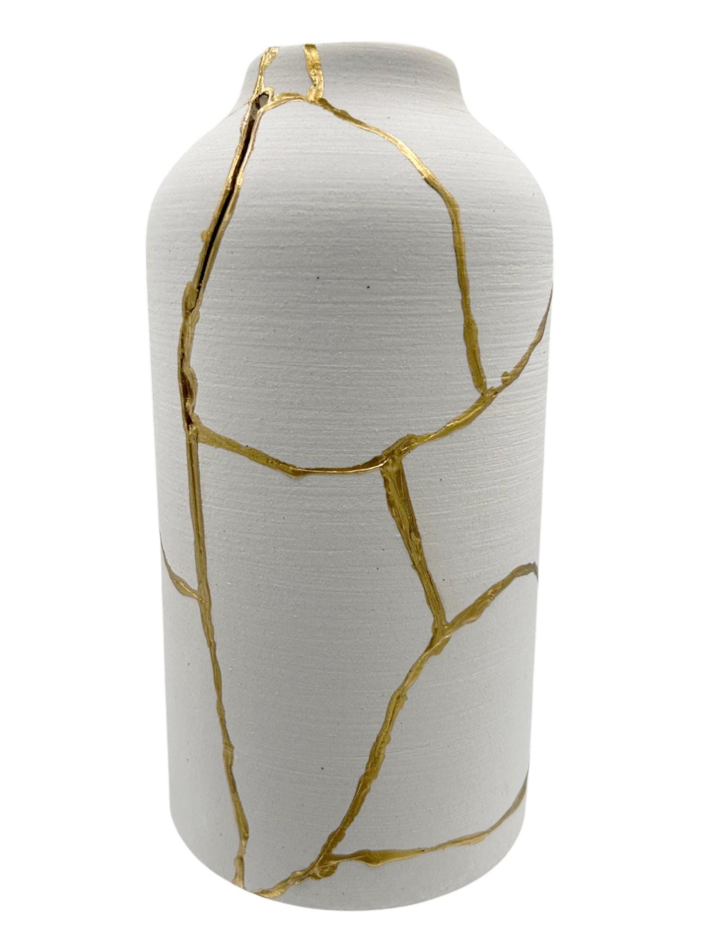 bird lover vase - buy online luxury, handmade, one of a kind, modern kintsugi japanese pottery art gift extra large decorative vase for dried flowers in warm white with rough brushed horizontal texture and gold paint along break lines for sale
