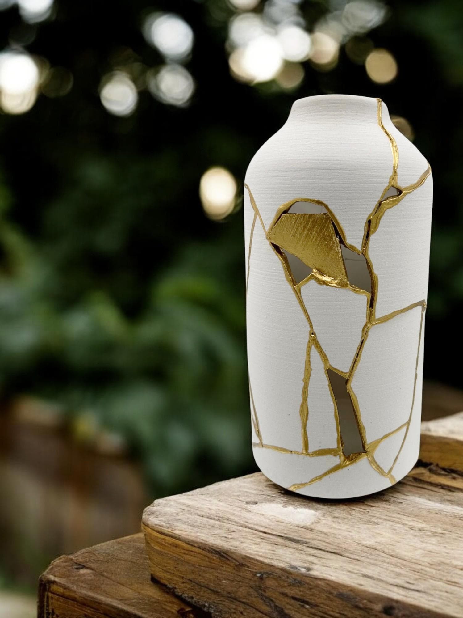 bird lover vase - buy online luxury, handmade, one of a kind, modern kintsugi japanese pottery art gift extra large decorative vase for dried flowers in warm white with rough brushed horizontal texture and gold paint along break lines for sale