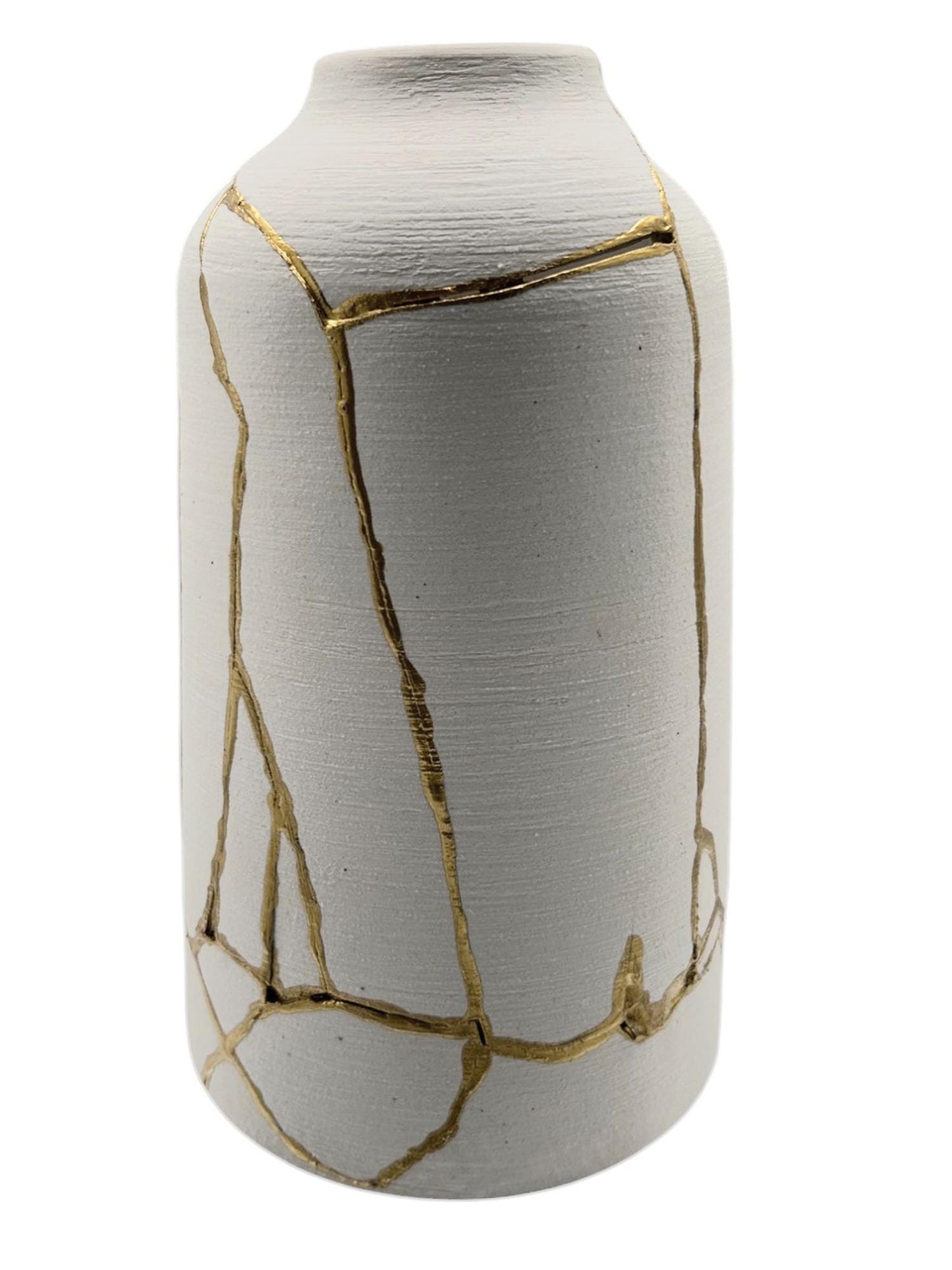 Bestseller giraffe vase - buy online luxury, handmade, one of a kind, modern kintsugi japanese pottery art gift extra large decorative vase for dried flowers in warm white with rough brushed horizontal texture and gold paint along break lines for sale
