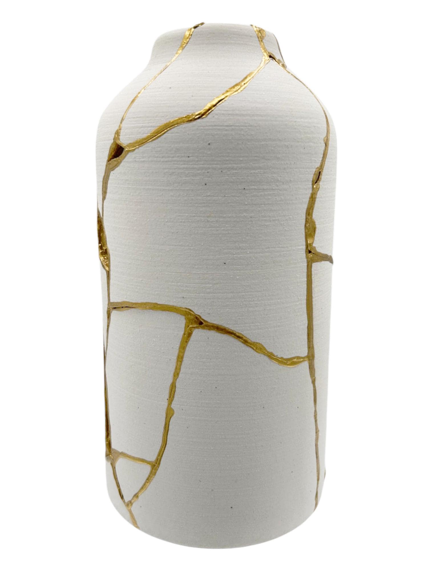 bird lover vase - buy online luxury, handmade, one of a kind, modern kintsugi japanese pottery art gift extra large decorative vase for dried flowers in warm white with rough brushed horizontal texture and gold paint along break lines for sale