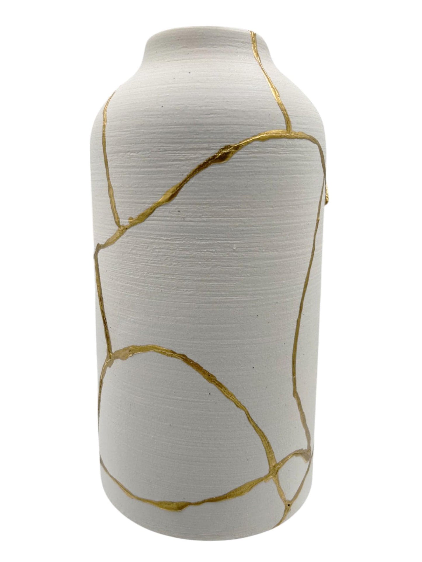 bird lover vase - buy online luxury, handmade, one of a kind, modern kintsugi japanese pottery art gift extra large decorative vase for dried flowers in warm white with rough brushed horizontal texture and gold paint along break lines for sale