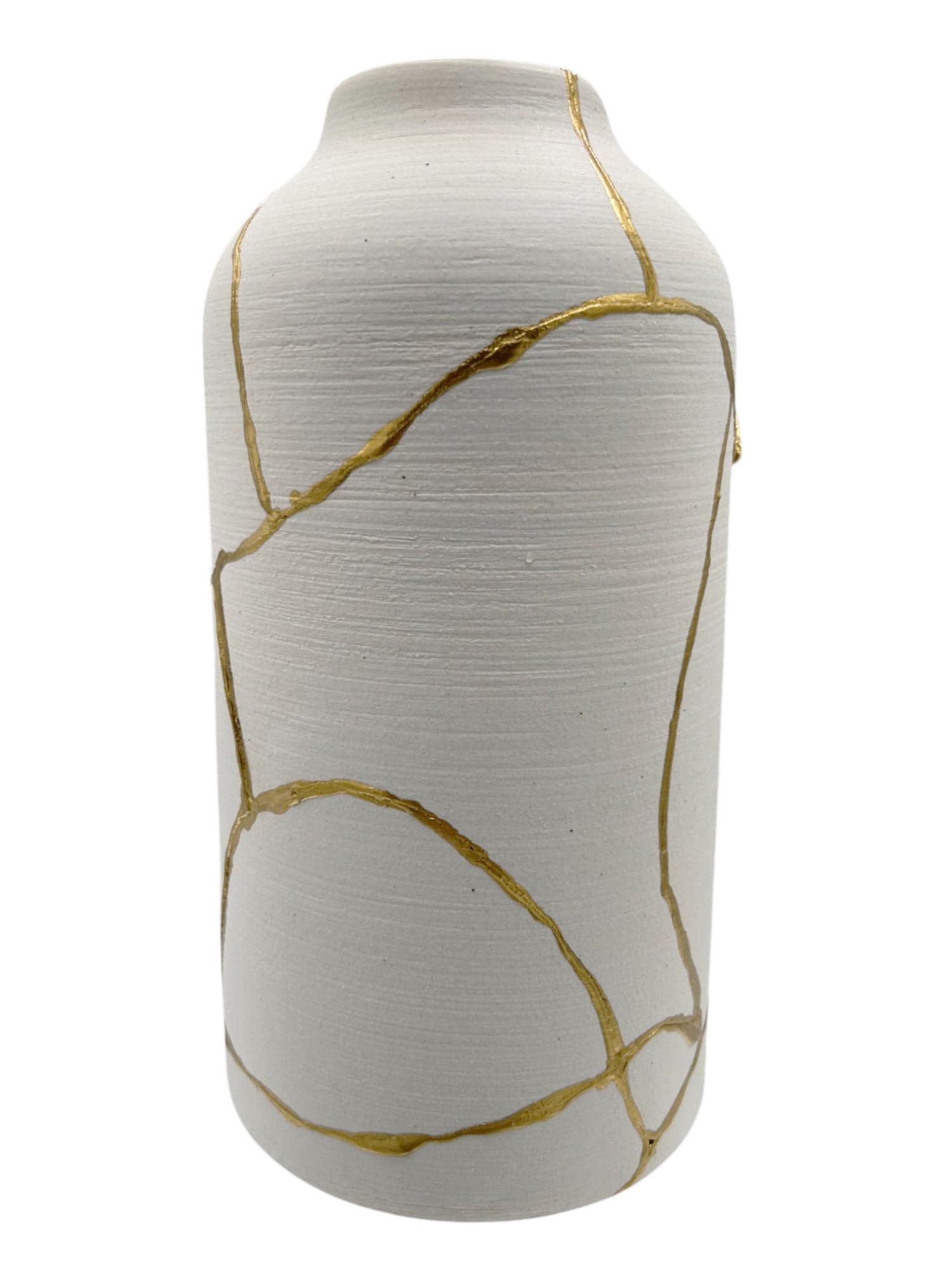bird lover vase - buy online luxury, handmade, one of a kind, modern kintsugi japanese pottery art gift extra large decorative vase for dried flowers in warm white with rough brushed horizontal texture and gold paint along break lines for sale