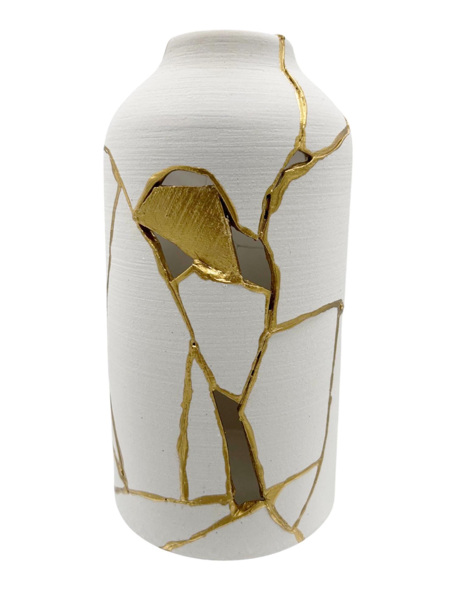 bird lover vase - buy online luxury, handmade, one of a kind, modern kintsugi japanese pottery art gift extra large decorative vase for dried flowers in warm white with rough brushed horizontal texture and gold paint along break lines for sale