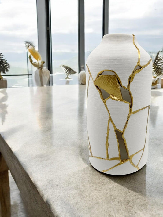 Kintsugi Bird Lover Vase - Japanese Pottery Broken + Repaired - Matte White Cylinder - Brushed Texture - Hand Painted Gold - (H) 10.125in