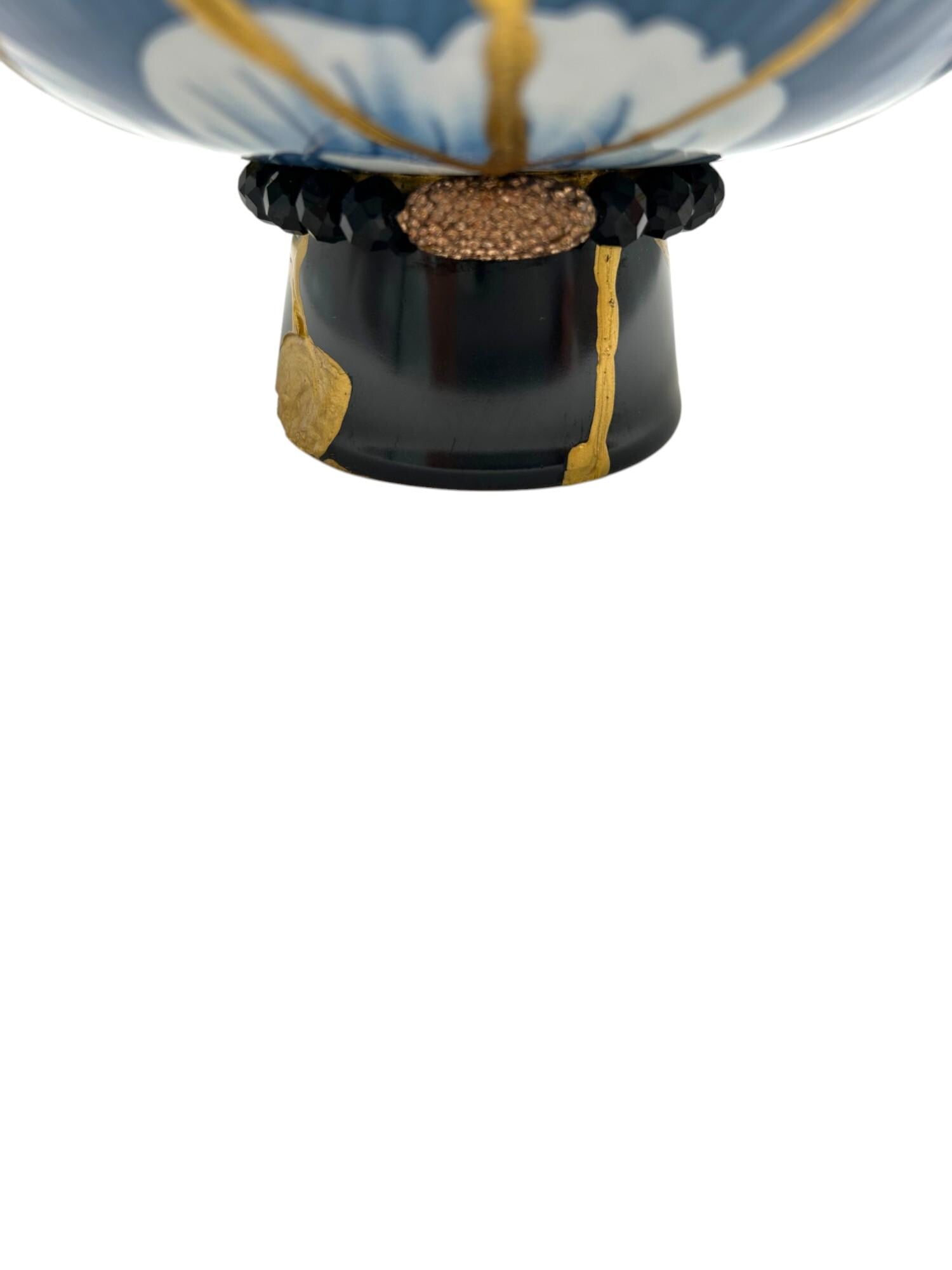 buy online luxury, handmade, one of a kind, modern kintsugi japanese pottery art gift small pedestal bowl with hammered rose gold and black bead charm accent on base and gold paint over break lines for sale