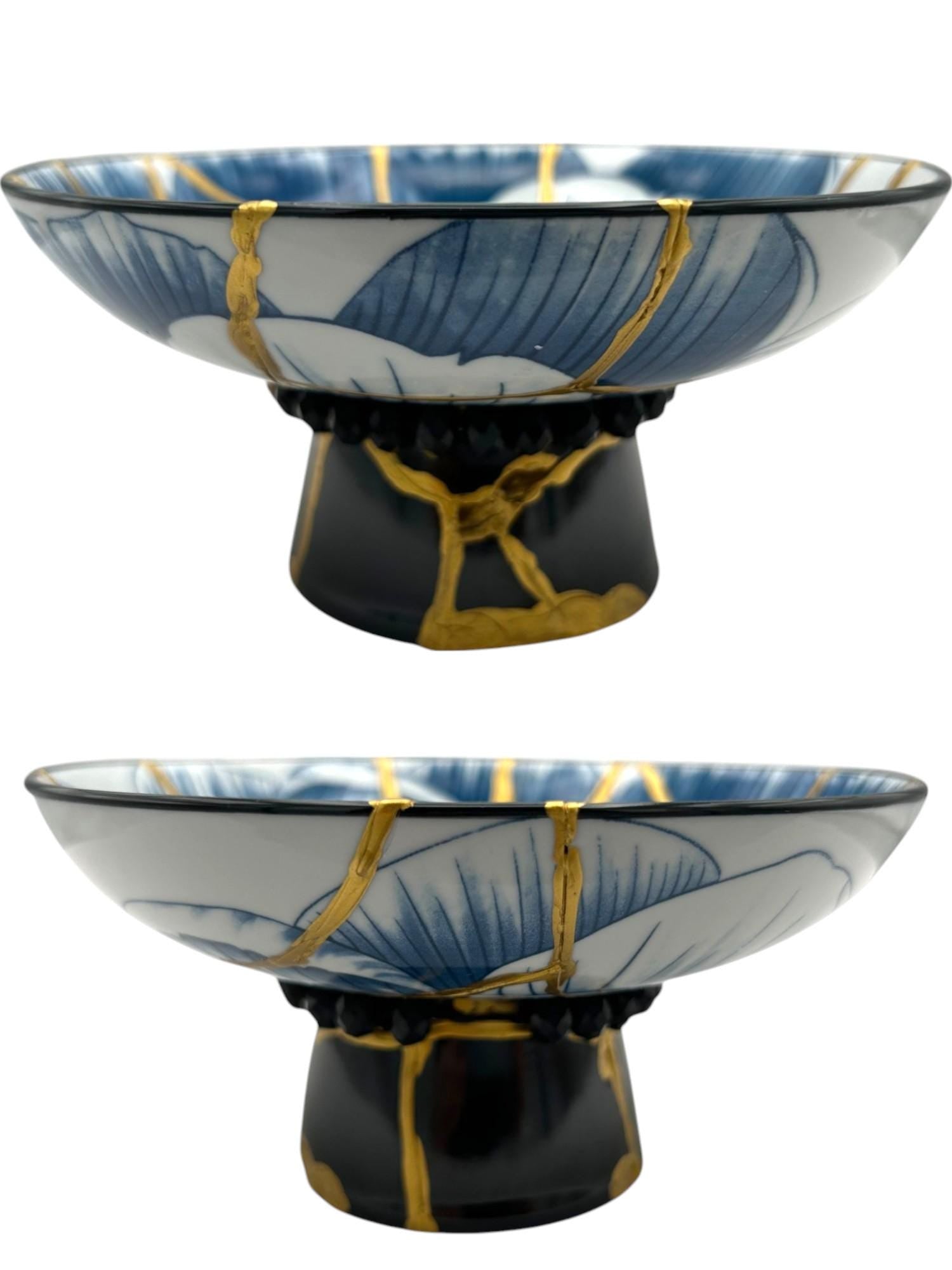 buy online luxury, handmade, one of a kind, modern kintsugi japanese pottery art gift small pedestal bowl with hammered rose gold and black bead charm accent on base and gold paint over break lines for sale