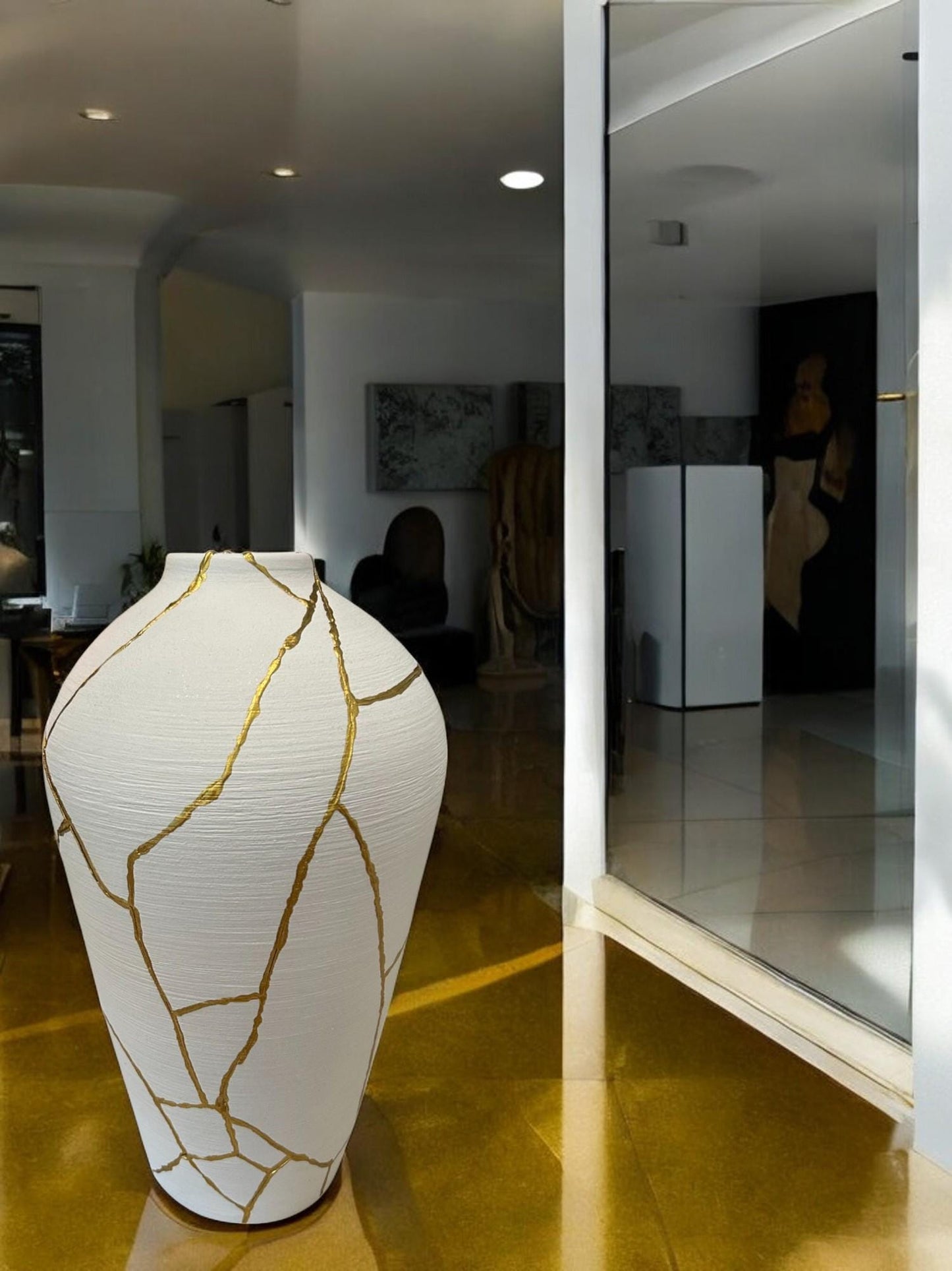 Kintsugi Giraffe Vase - Japanese Pottery Broken + Repaired - Matte White Urn/Brushed Texture - Hand Painted Gold - XL Floor Style (H) 16.5in