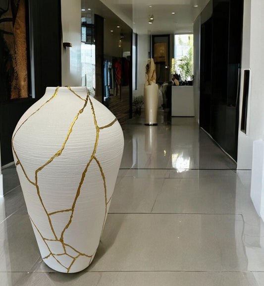 Kintsugi Giraffe Vase - Japanese Pottery Broken + Repaired - Matte White Urn/Brushed Texture - Hand Painted Gold - XL Floor Style (H) 16.5in